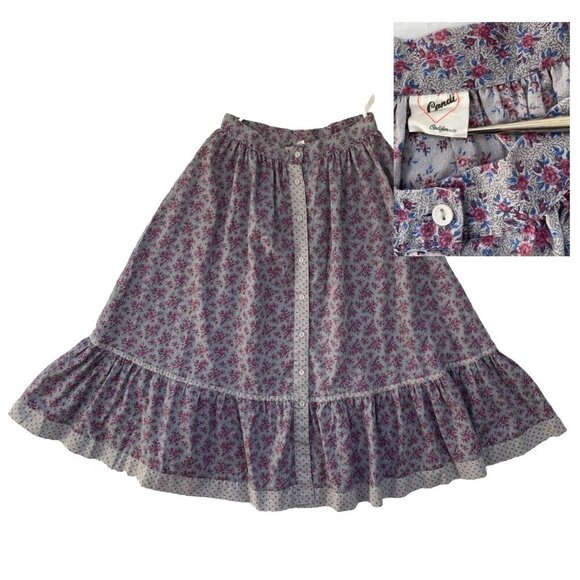 Vintage 70s Floral Button Ruffle Midi Skirt 5 XS Purple Prairie Cottage Tiered - Picture 1 of 11